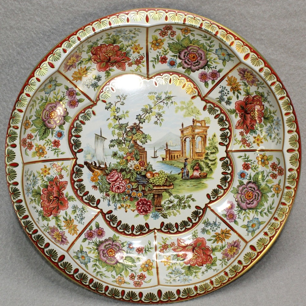 Daher Decorated Ware Tin Bowl Large 10 inch Floral Scenic 1971 England White